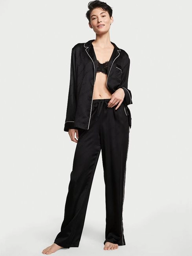 Black Logo Satin Long Pyjama Set