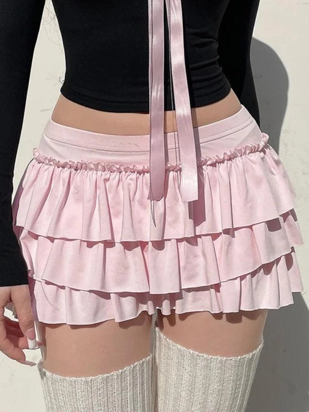 Solid Bow Splice Low Rise Tiered Mini Skirt