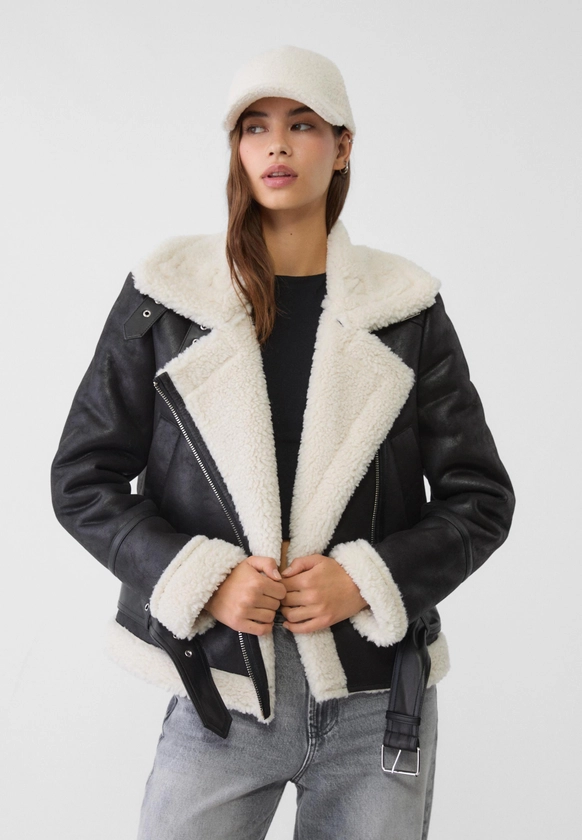 Faux shearling lined biker jacket - Women's Jackets | Stradivarius Italy