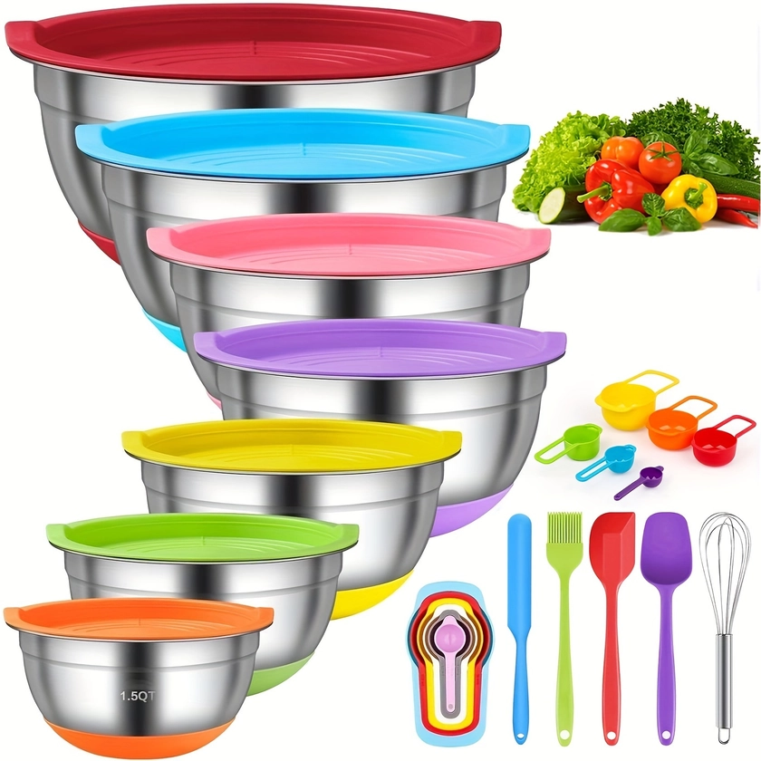 18pcs, Mixing Bowls With Airtight Lids, Stainless Steel Nesting Colorful Mixing Bowls Set With Non-slip Silicone Bottom, Size 7, 5.5, 4, 3.5, 2.5, 2,