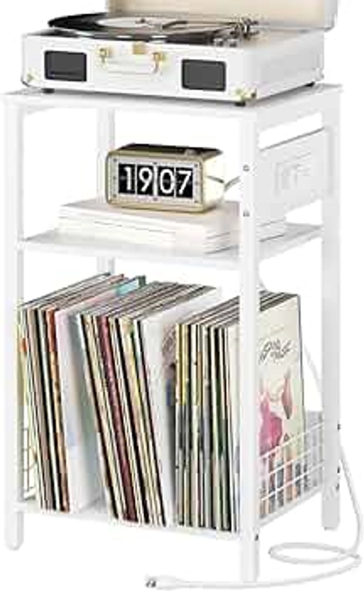 Yoobure Record Player Stand, 3-Tier White Side Table with Charging Station, Small End Table Nightstand with Vinyl Storage, Tall Beside Tables Turntable Stand for Album CD, Night Stand for Living Room