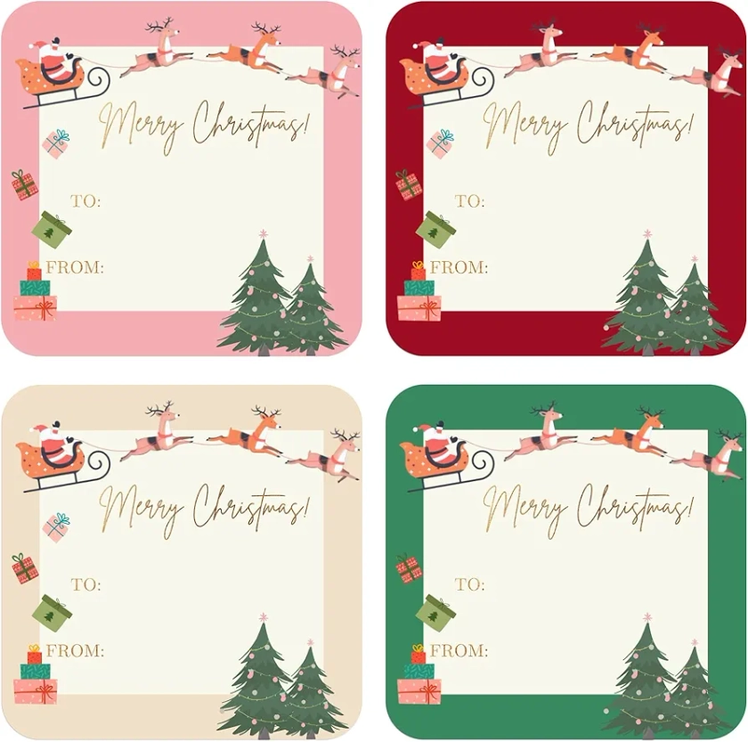 Mobiusea Creation Christmas Gift Tags Labels | 2 Inch | 60 Pcs Christmas Gift Labels | Red, Green, Gold, Pink 4 Color Assortments with Santa, Christmas Tree and Present Design Christmas Labels