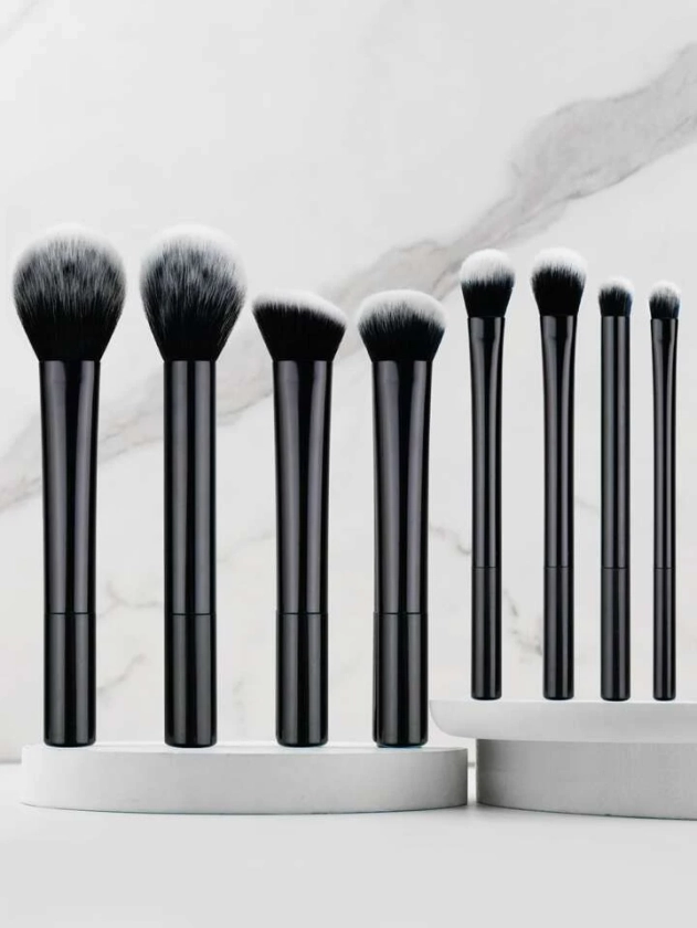 High-quality 8pcs/set Black Glossy Professional Makeup Brush Tool Kit Including Powder, Blush, Contouring, Eyeshadow, Highlighter Brush With Eco-friendly Material For Impeccable Makeup Look