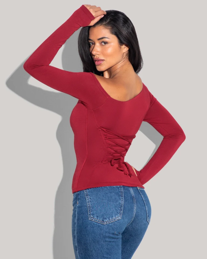 Shapey Long Sleeve One Shoulder Top - Ruby