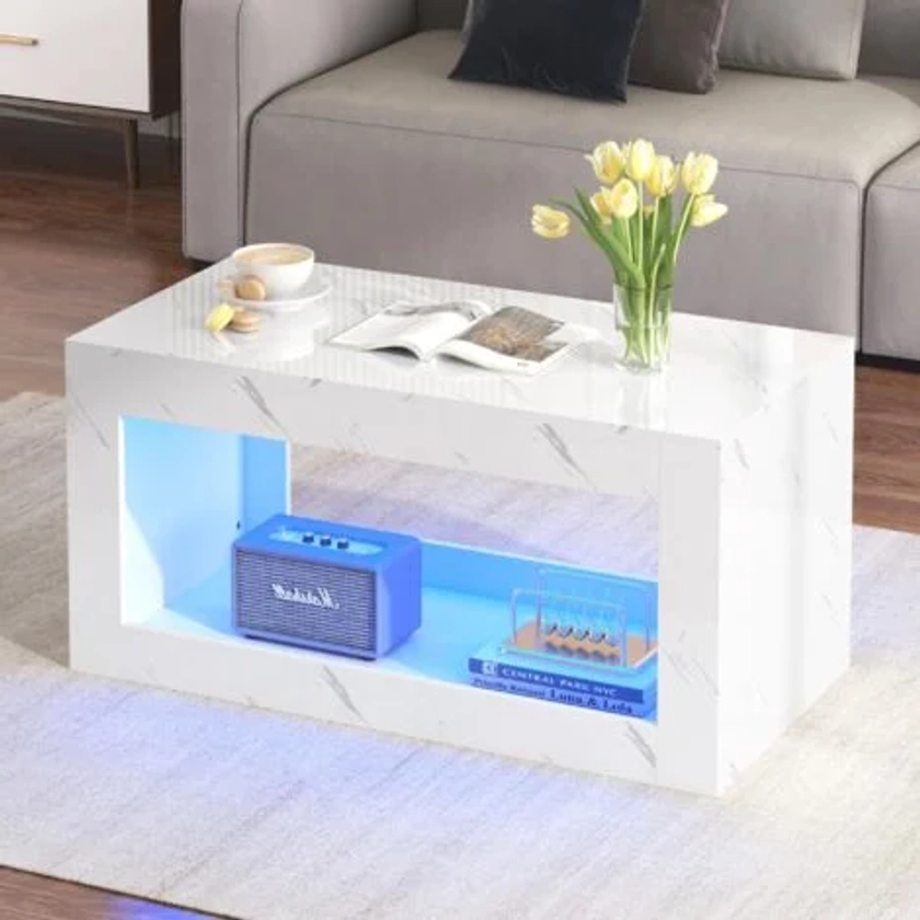 Table Basse rectangulaire, 100cm - laquée haute brillance, avec un aspect marbre, espace de rangement - Blanc