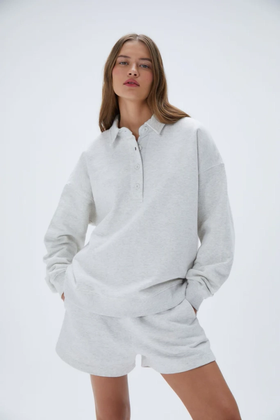 Oversized Button Up Sweatshirt - Light Grey Melange