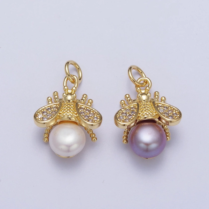 Micro Paved CZ Gold Bumble Bee Charm Insect Round White / Purple Pearl Pendant for Bracelet Necklace Earring N-714 - Etsy