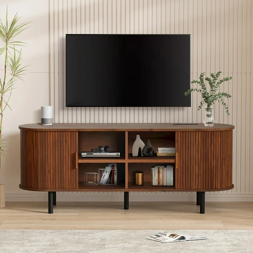 MARNUR 55" TV Stand for 60" TV, Wood Entertainment Center with Storage and Shelves, 2 Sliding Tambour Doors, Mid-Century Modern - Walmart.com