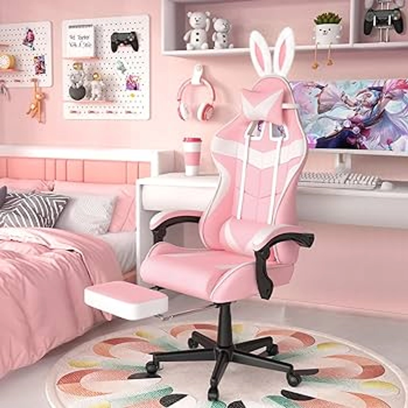 Soontrans Pink Gaming Chair with Footrest,Lovely Bunny Computer Gamer Chair,Gamer Desk Chair for Granddaughter,Sister,Girlfriend,Wife and Love (Pink)