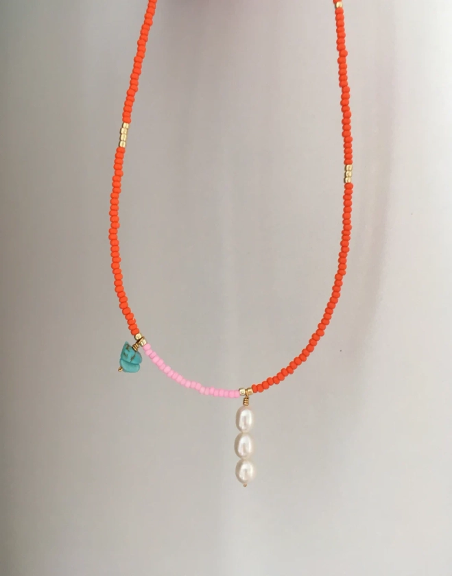 Orange Seed Bead Pearl Pendant Necklace/bead and Pearl Pendant Necklace/pearl Pendant Necklace/boho Chic Necklace/boho Chic Necklace/gift - Etsy