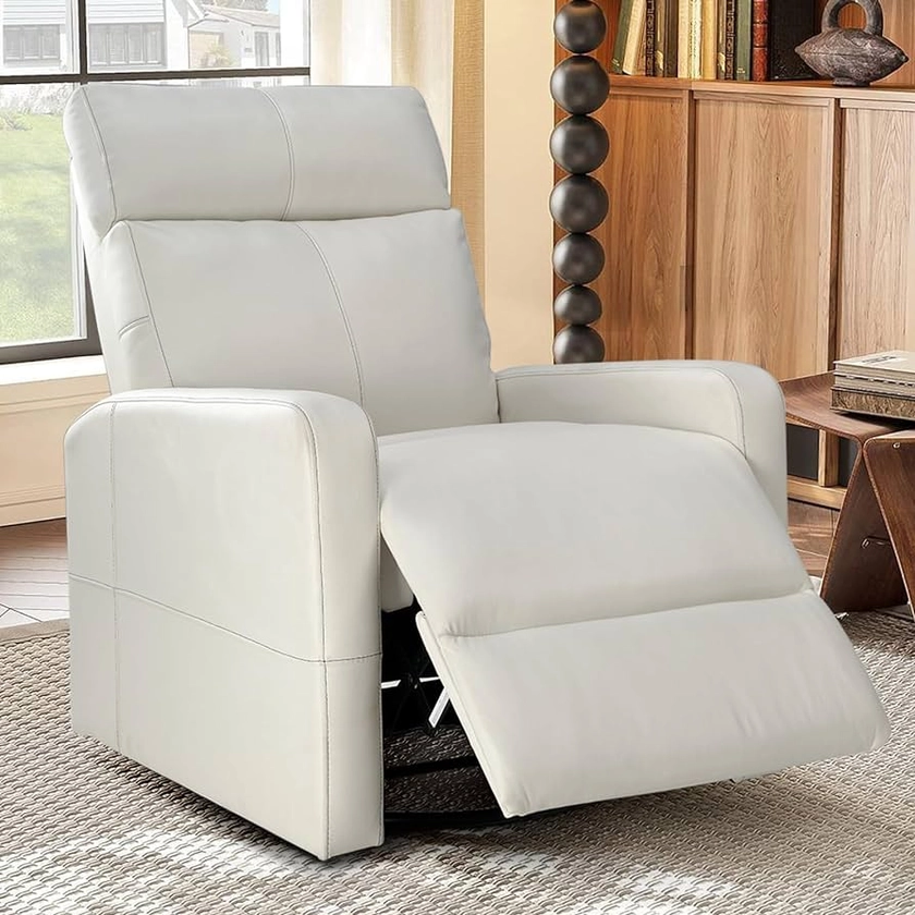 INZOY Relaxing White Recliner Chair | Leathaire | Swivel | Pushback, Effortless | Living Room, Apartment, Bedroom