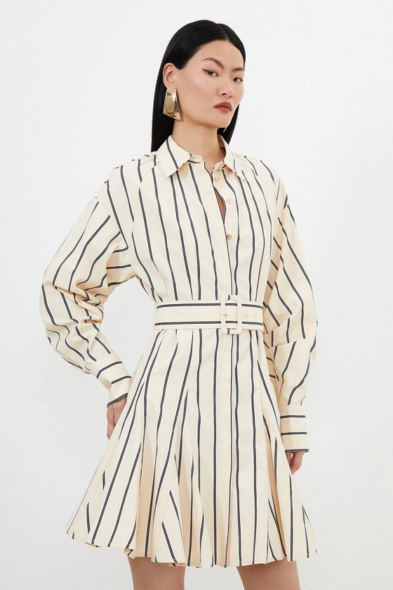 Cotton Stripe Godet Insert Woven Shirt Dress | Karen Millen