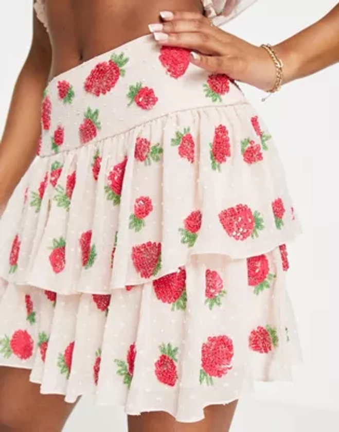 Miss Selfridge Premium embellished strawberry tierred mini skirt in ivory - IVORY