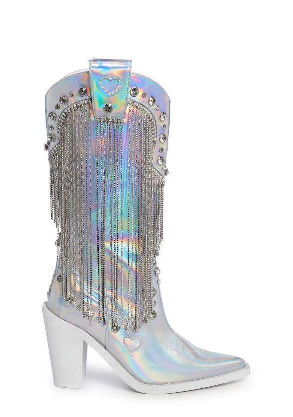 Sugar Thrillz Holographic Rhinestone Fringe Cowboy Boots - Multi