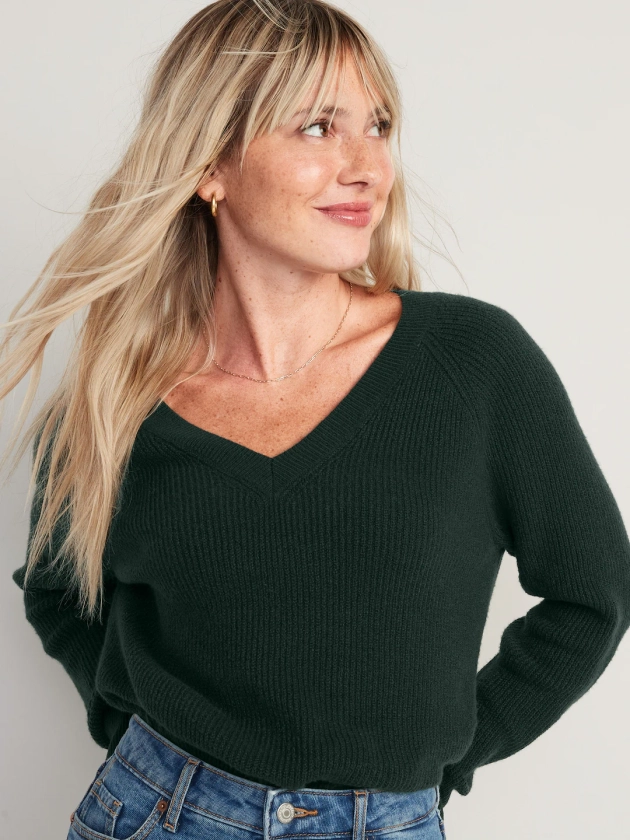 V-Neck Shaker-Stitch Cocoon Sweater for Women