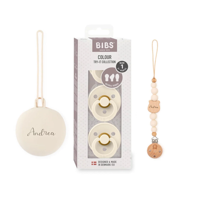 JBØRN X BIBS Coffret cadeau bébé | Ensemble de porte-tétines et porte-sucettes First Baby's First