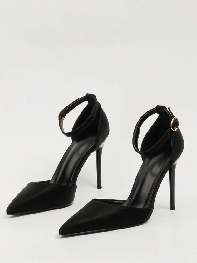 Women Minimalist Point Toe Stiletto Heeled Pumps, Elegant Black Ankle Strap Pumps | SHEIN