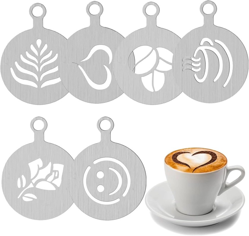 Stainless Steel Coffee Stencils, 6 Pcs Coffee Decorating Stencils Coffee Template Cappuccino Stencils Latte Art Stencils for Coffee Cake Decorating (Style 1)