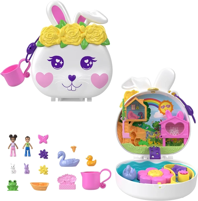 Polly Pocket Coffret Jardin Lapin avec 2 Mini-Figurines, 12 Accessoires, 2 Accessoires Qui Changent De Couleur, Jeu D’Eau, Jouet Enfant, Dès 3 Ans, HKV36