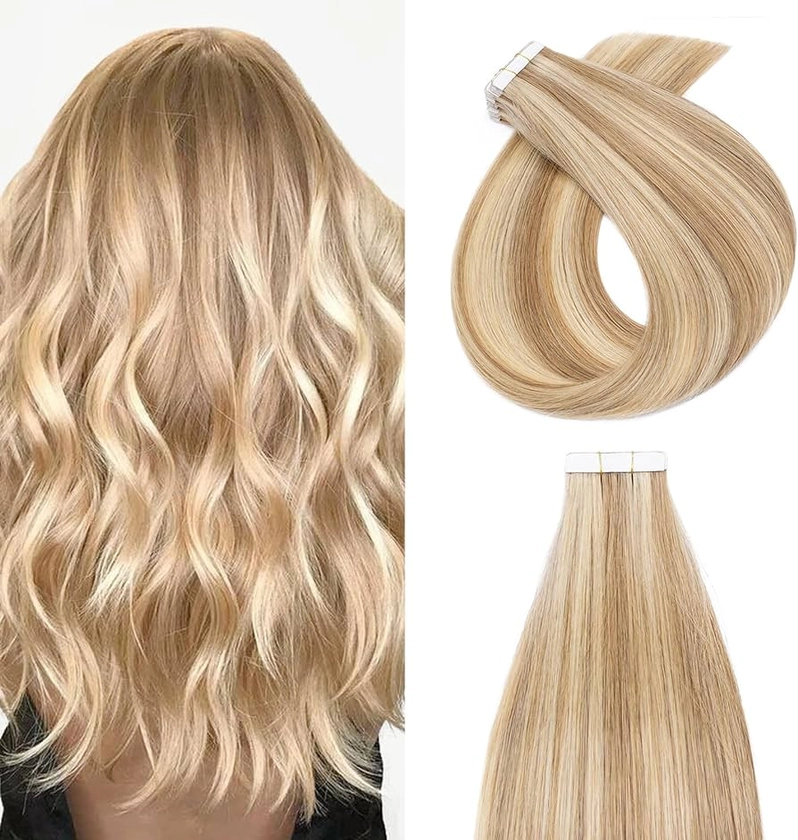 Silk-co 20 Pcs Balayage Tape Hair Extensions 100% Human Real Remy Hair (22"-50g) #12P613 Golden Brown&Bleach Blonde Skin Weft