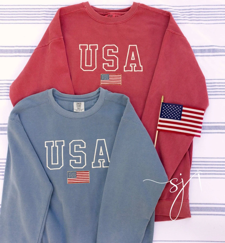 USA Embroidered Varsity Crewneck Sweatshirt, Comfort Colors Summer 4th of July, Independence Day Red White and Blue United States America - Etsy