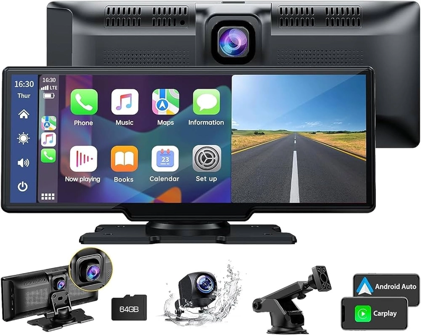 Sans Fil Apple Carplay et Android Auto, Stéréo de Voiture avec Dashcam Avant 2K, Caméra Arrière 1080P, Portable, écran Tactile de 9,26 Pouce avec Bluetooth/GPS/FM/AUX/Lien Miroir/Carte TF 64G