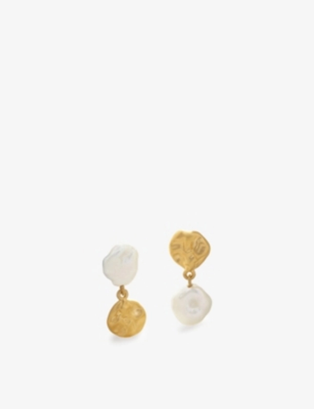 Circular drop 18ct yellow gold-plated vermeil recycled sterling-silver and pearl stud drop earrings