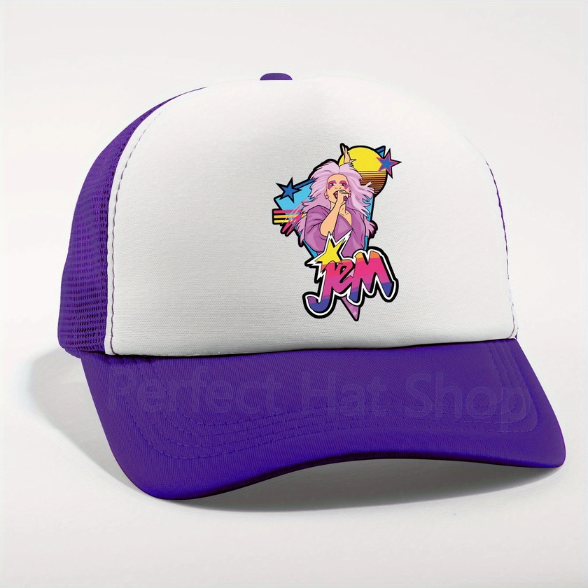 Adjustable Polyester Baseball Cap with Cartoon Character &quot;Jem&quot; Print - Breathable Lightweight Snapback Hat with Printing Craftsmanship for Casual *