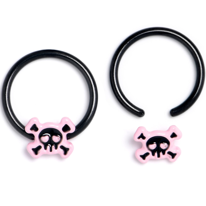 16 Gauge 3/8 Black Skull Crossbones Pink BCR Captive Ring Set of 4