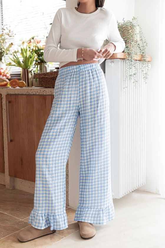 MAHÉ Bleu - Pantalon Vichy gaze de coton