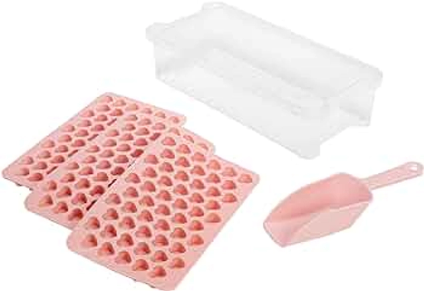 Paris Hilton Heart Shaped Mini Ice Cube Tray Set, Includes 3 Mini Ice Cube Molds, Ice Bin Storage Container with Lid and Ice Scoop, Easy Release Silicone Ice Mold, Made without BPA, 6-Piece Set, Pink