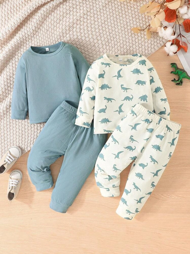 Spring/Autumn Baby Boys' Solid Color/Dinosaur Print Long Sleeve T-Shirt And Loose Casual Pants Set, Collegiate Style