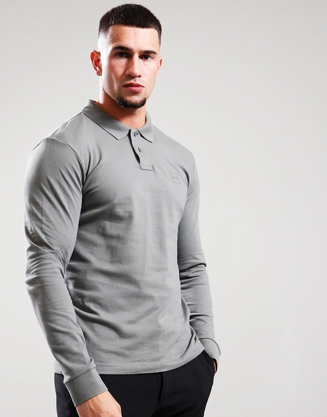 BOSS Passerby Long Sleeve Polo Shirt Open Grey