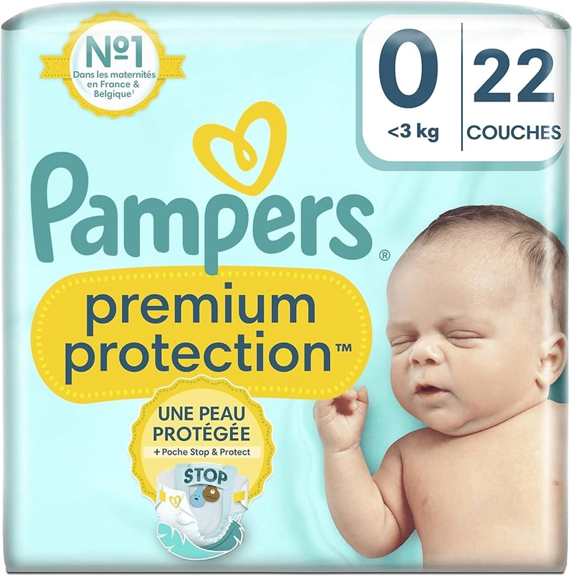 Pampers Premium Protection, Taille 0, 22 Couches, <3kg, Notre N°1 pour aider à garder la peau saine et bien au sec, Choix N°1 des maternités en France*