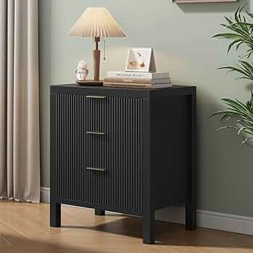 3 Drawer Dresser, Modern Wood Storage Chest of Drawers Organizer with Waveform Panel, Fluted Dresser with Wide Drawers and Golden Handles for Bedroom, Hallway, Entryway, Black