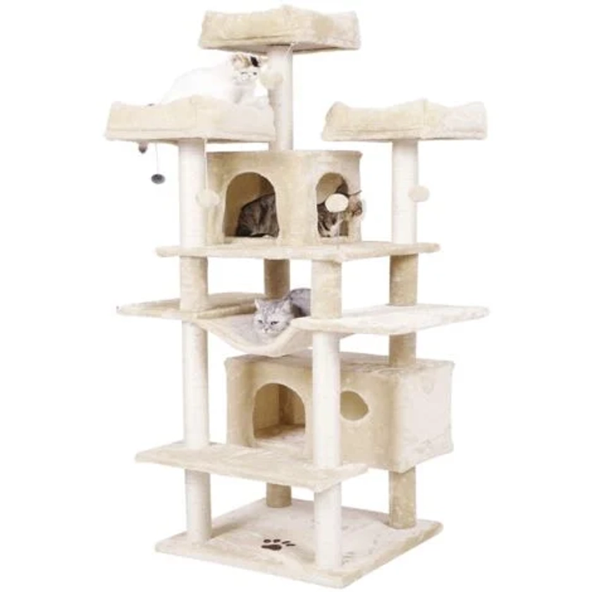 Grand arbre à chat, taille XXL, 175 cm, stable, avec 3 grandes plateformes d'observation, pour grands chats, griffoirs en sisal, beige