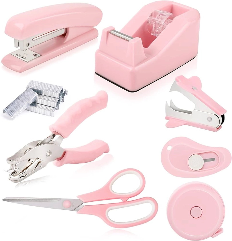 GTOTd Pink Desk Accessories Kit Includes Desktop Stapler, Tape Dispenser, Stapler Remover, Tape Measure, Single Hole Punch, Mini Box Cutter, Stainless Steel Scissors and 1000pcs 24/6 Staples : Amazon.co.uk: Stationery & Office Supplies