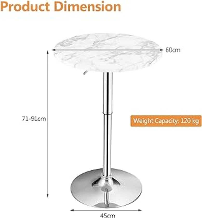 COSTWAY 60cm Round Marble Bar Table, Height Adjustable & 360° Swivel Counter Pub Tables with Sliver Base and Non-slip Rubber Ring, Bistro Cocktail Table for Home, Office, Dining Room and Kitchen : Amazon.co.uk: Home & Kitchen