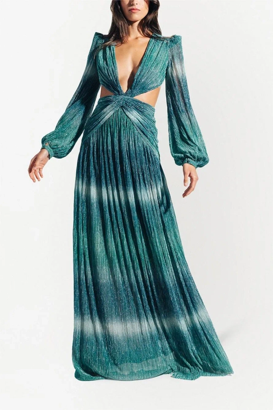 Gradient Lantern Sleeve V-Neck Waistless Maxi Dress