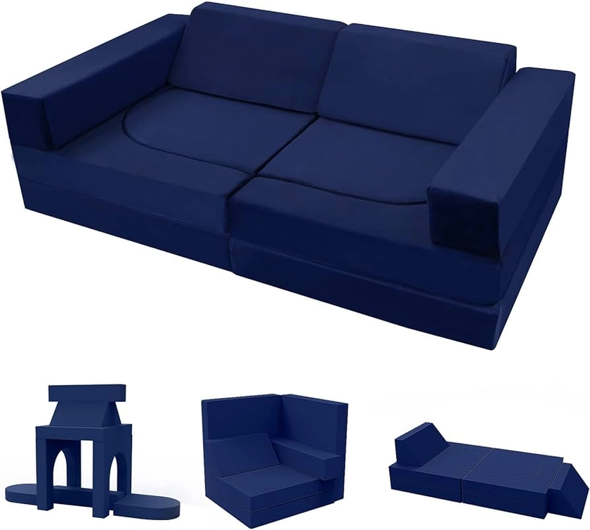 MeMoreCool 10-Pieces Kids Play Sofa, Modular Toddler Couch for Playroom, Fold Out Foam Couch for Girls Boys, Convertible Sectional Playset, Navy