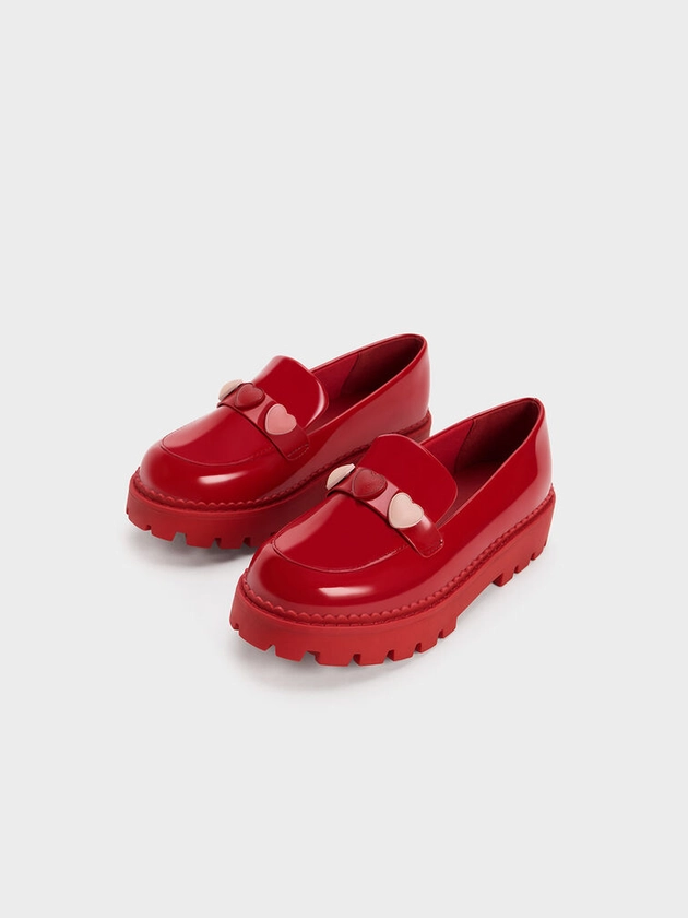 Red Girls' Heart-Motif Patent Penny Loafers | CHARLES & KEITH