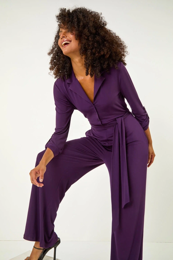 Purple Button Through Belted Stretch Jumpsuit | Roman UK