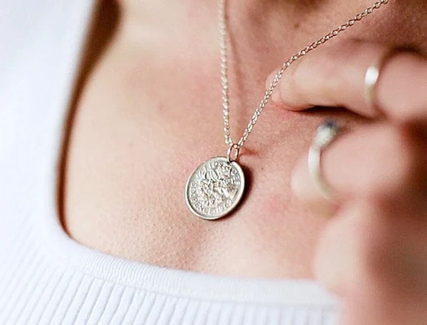 Sixpence Coin Necklace - Genuine Antique English Sixpence Pendant - Silver Vintage Lucky Sixpence - Classic, Minimal Design