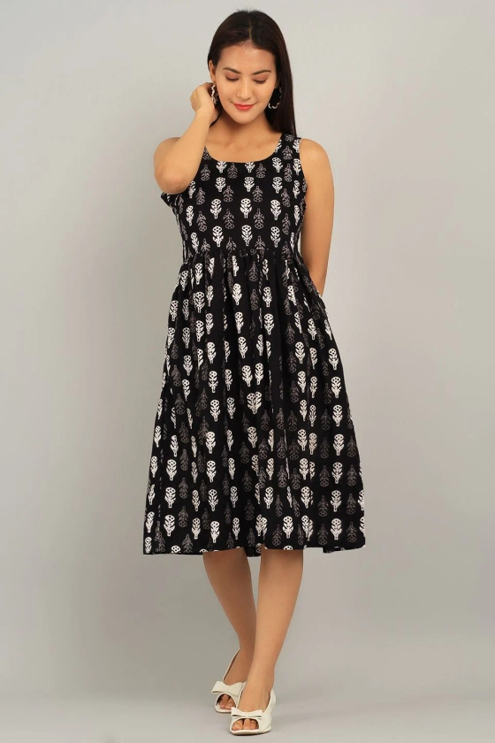 Indigo Black Cotton Midi Dress