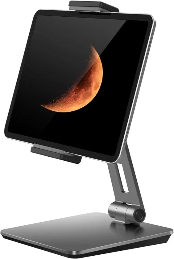 QinCoon Supporto per Tablet, Regolabile Rubusto e Resistente Alluminio Supporto, 360° Girevole Pieghevole Metallo Porta, Adatto per iPad, Samsung Tab, Kindle (4,7-13") (Grigio)