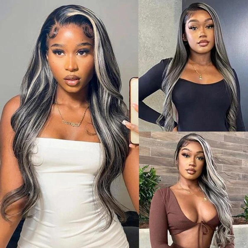 30 inch Grey And Black Hair 13x4 Body Wave Lace Front Wig Platinum Blonde Highlights Wigs