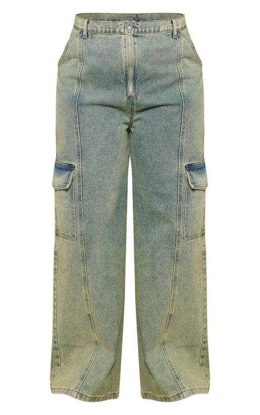 Plus Vintage Wash Wide Leg Cargo Pocket Jeans