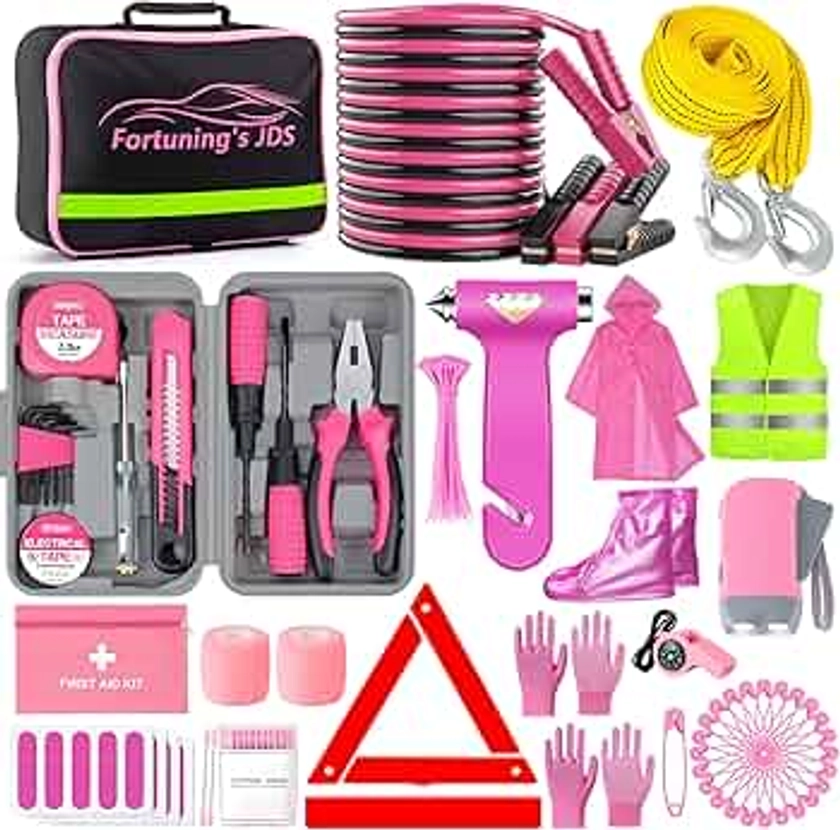 298PCS Car Emergency Kit, Roadside Emergency Car Kit- Emergency Car Kit with Jumper Cables, Car Safety Kit, First Aid Kit for Car with Gloves, Tow Strap, Tool Kit, Reflective Warning Triangle