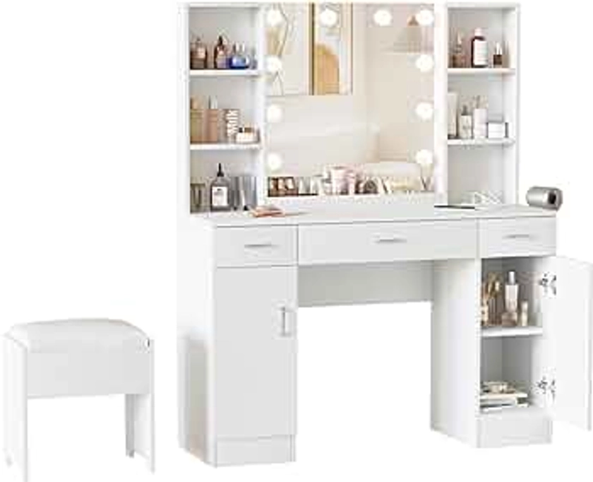 Vabches Makeup Vanity Table with Lighted Mirror & Power Strip, Large Vanity Set Vanity Desk with Lots Storage, 3 Lighting Modes, Brightness Adjustable, 45.2in(L)