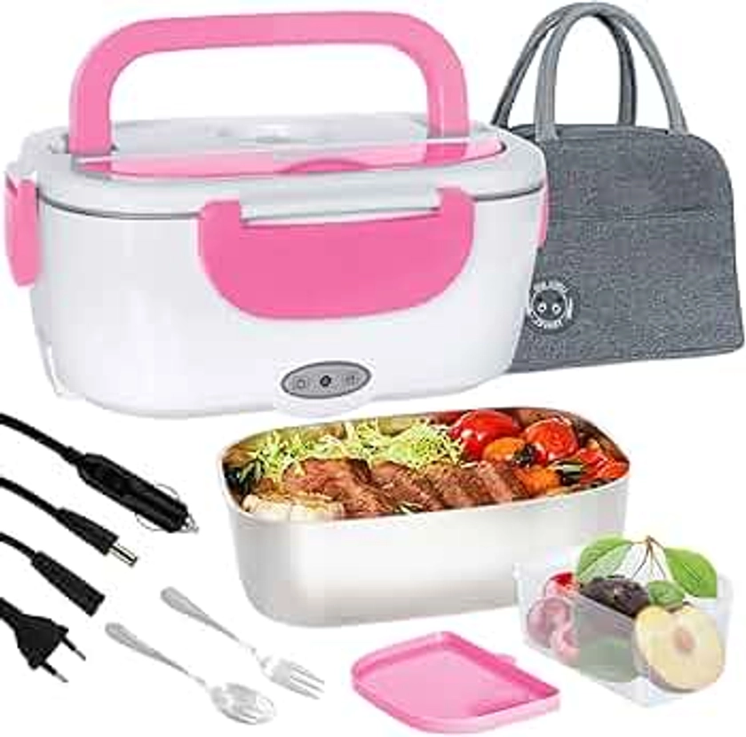 Scaldavivande Elettrico Portatile con Borsa Termica 1.5L (55W 220V), Lunch Box Portavivande Termico Elettronico Portatile in Acciaio Inox, Porta Pranzo da Ufficio e Auto, Rosa